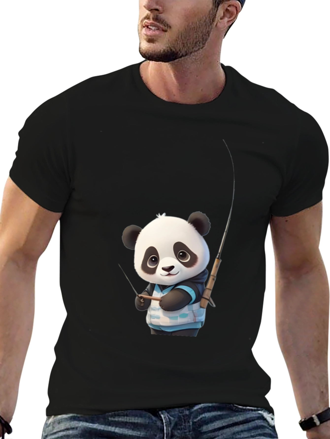 Panda Fishing Graphic Tee - Stylish Black T-Shirt