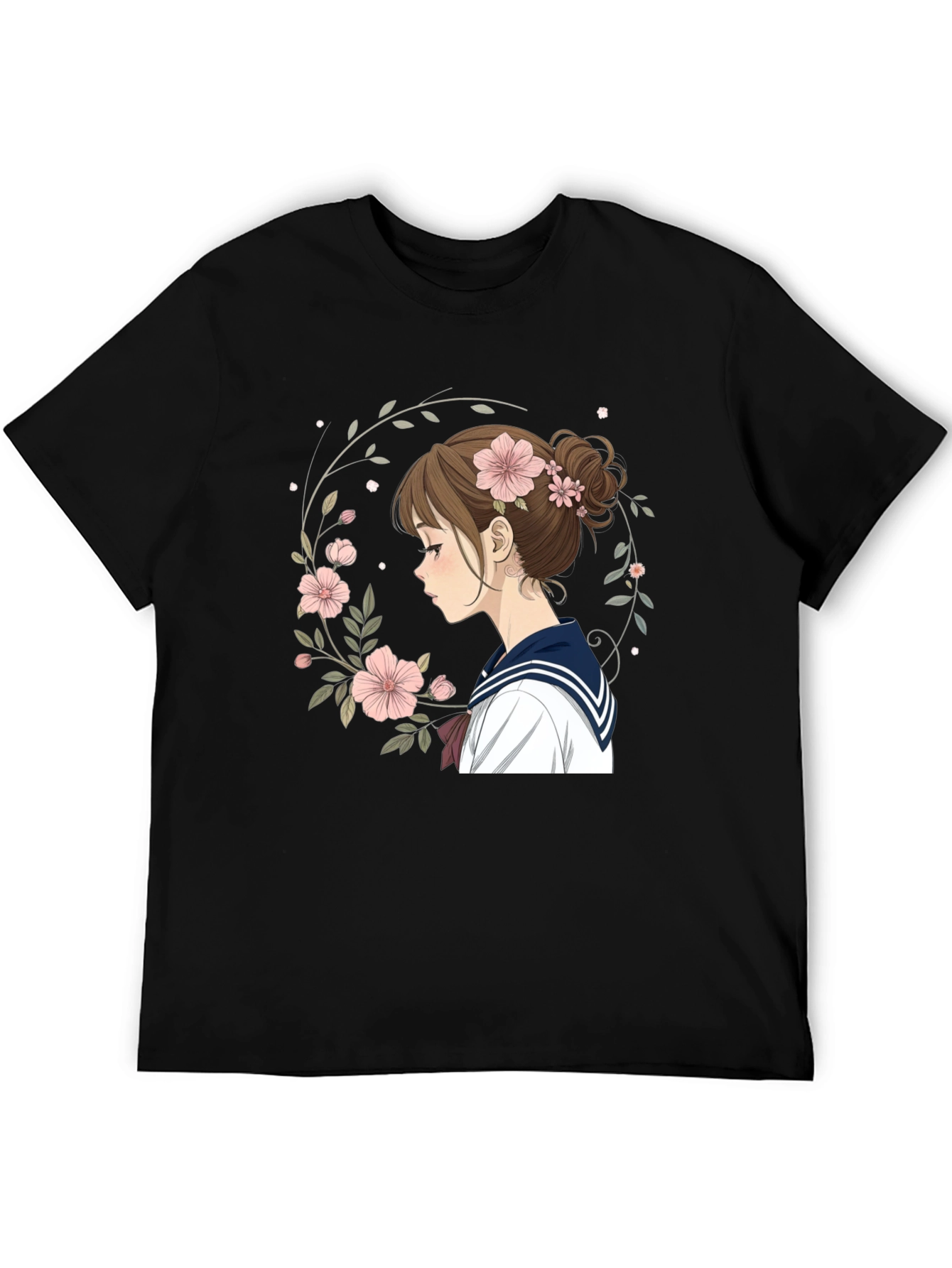 Anime Girl Floral Wreath Black T-Shirt