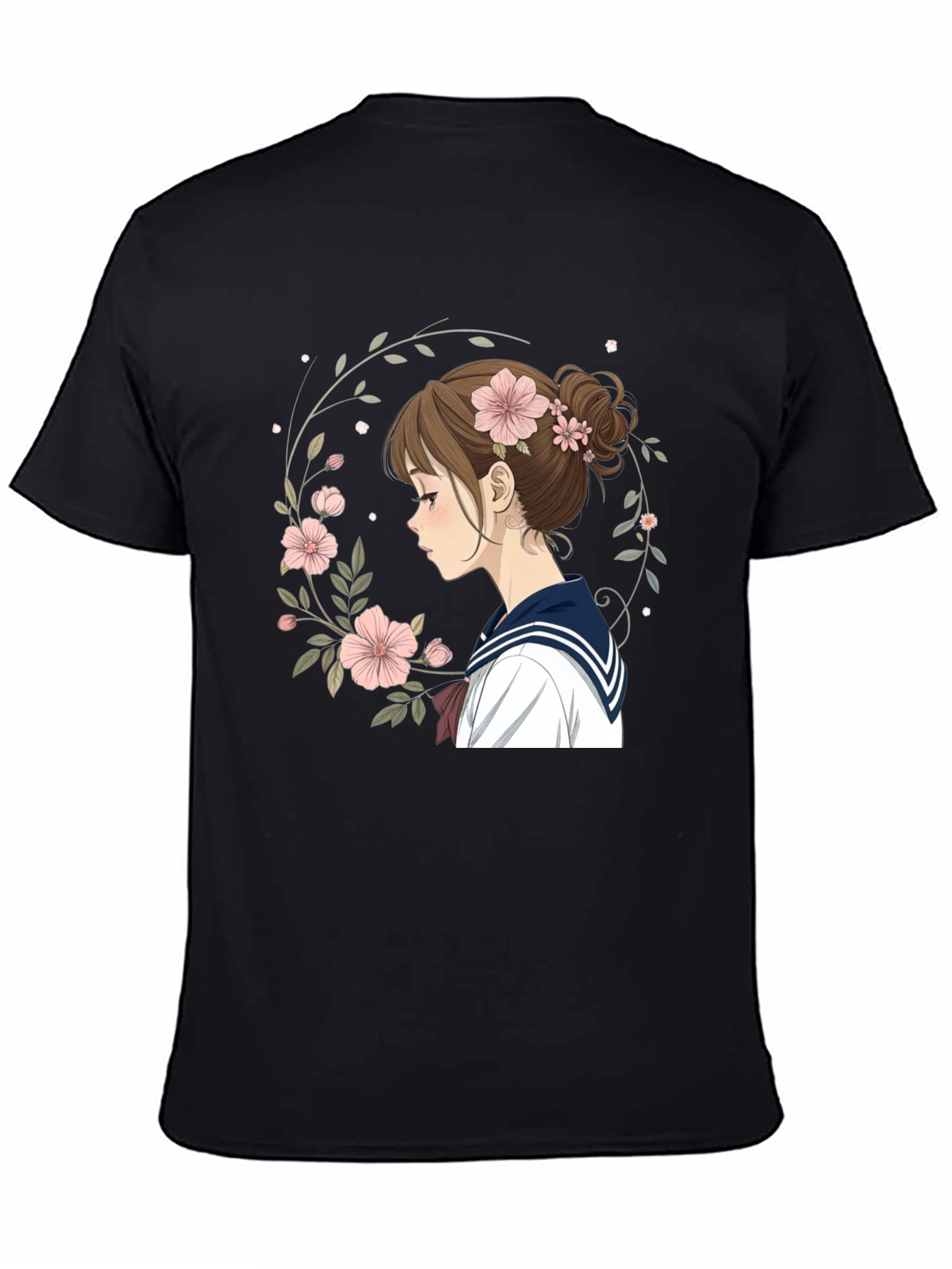 Anime Girl Floral Wreath Black T-Shirt