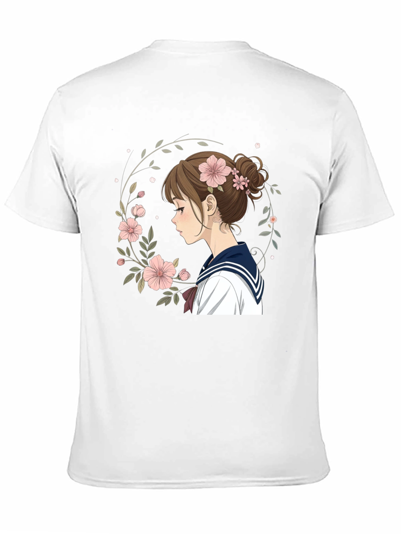 Anime Girl Floral Wreath Black T-Shirt