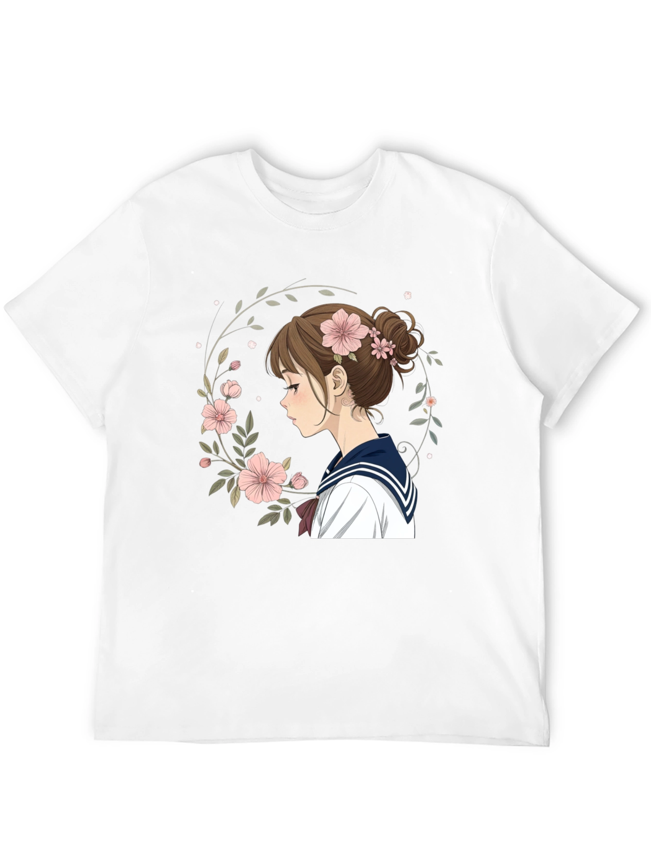 Anime Girl Floral Wreath Black T-Shirt