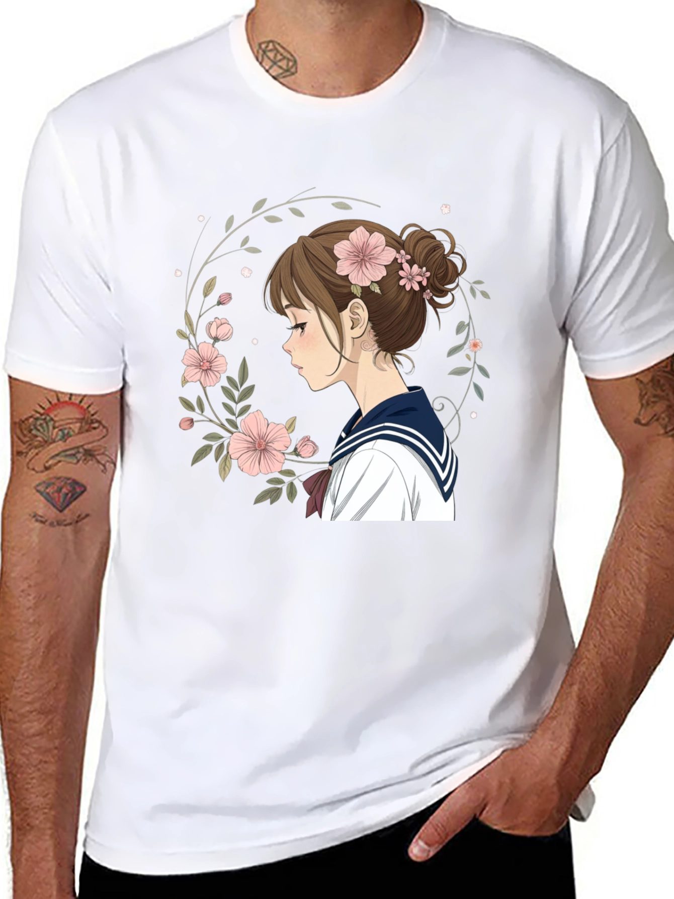 Anime Girl Floral Wreath Black T-Shirt
