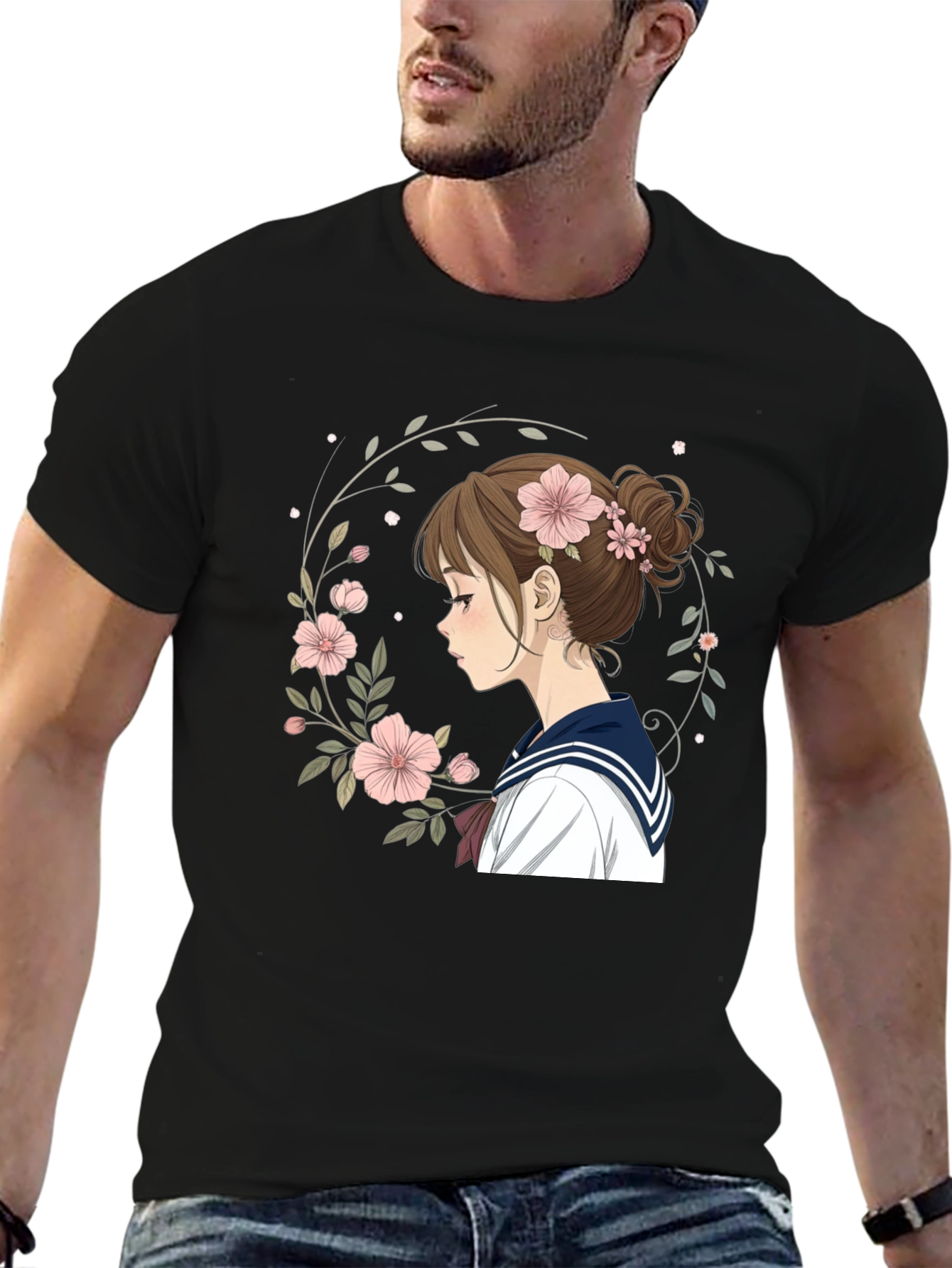 Anime Girl Floral Wreath Black T-Shirt