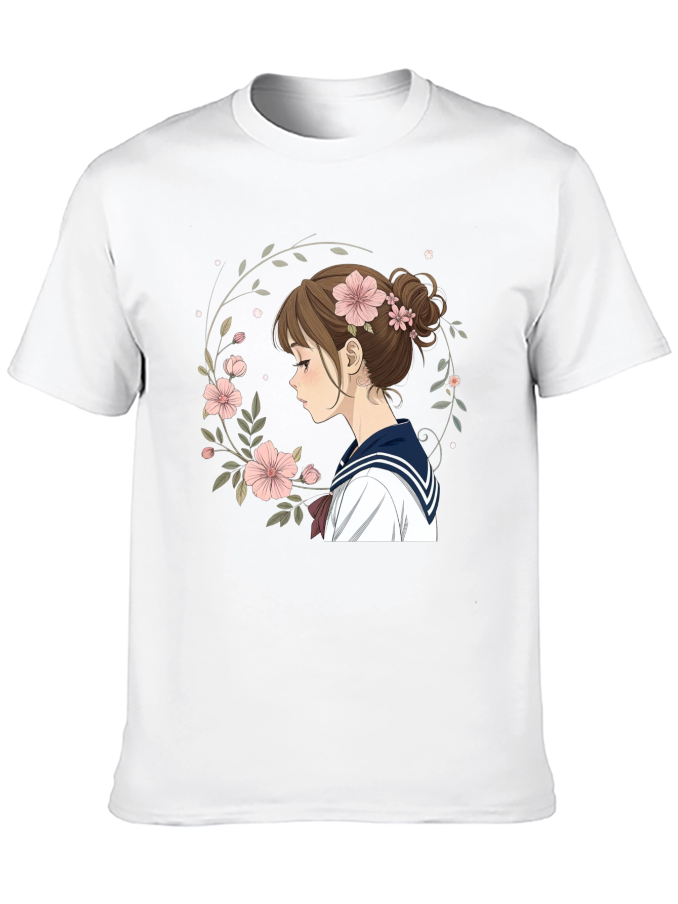 Anime Girl Floral Wreath Black T-Shirt