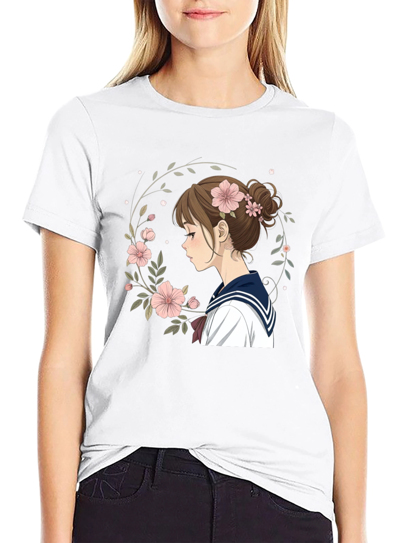 Anime Girl Floral Wreath Black T-Shirt