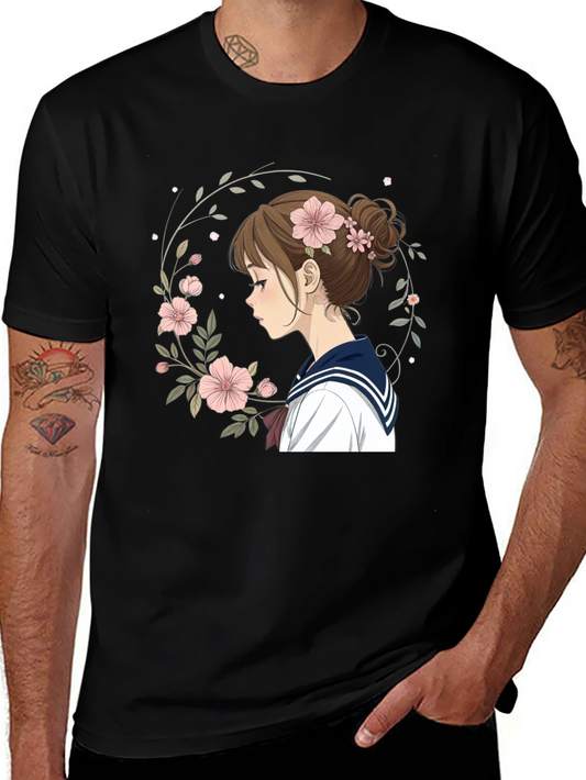 Anime Girl Floral Wreath Black T-Shirt