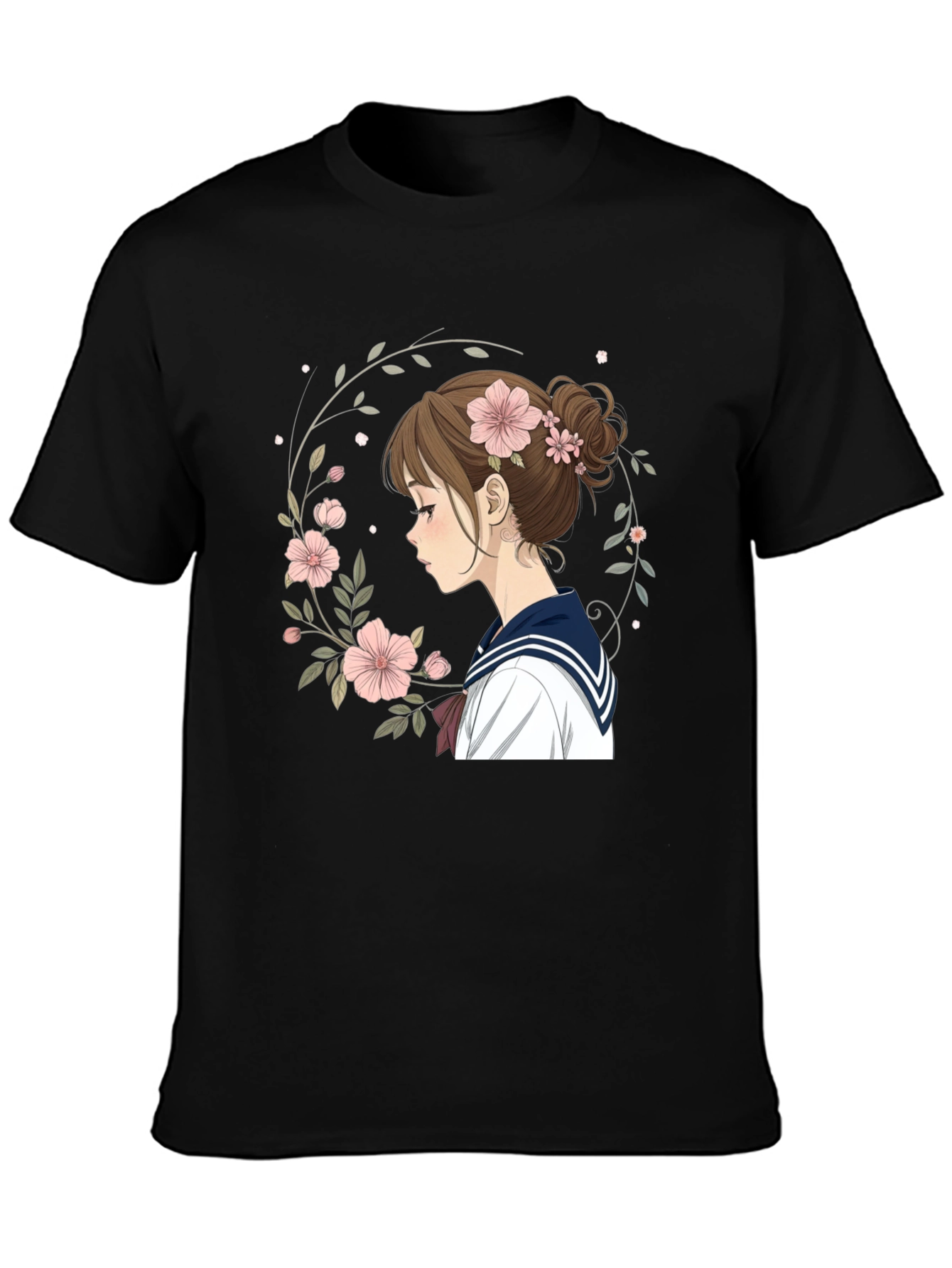 Anime Girl Floral Wreath Black T-Shirt