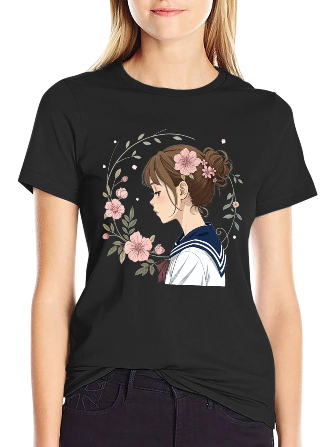 Anime Girl Floral Wreath Black T-Shirt