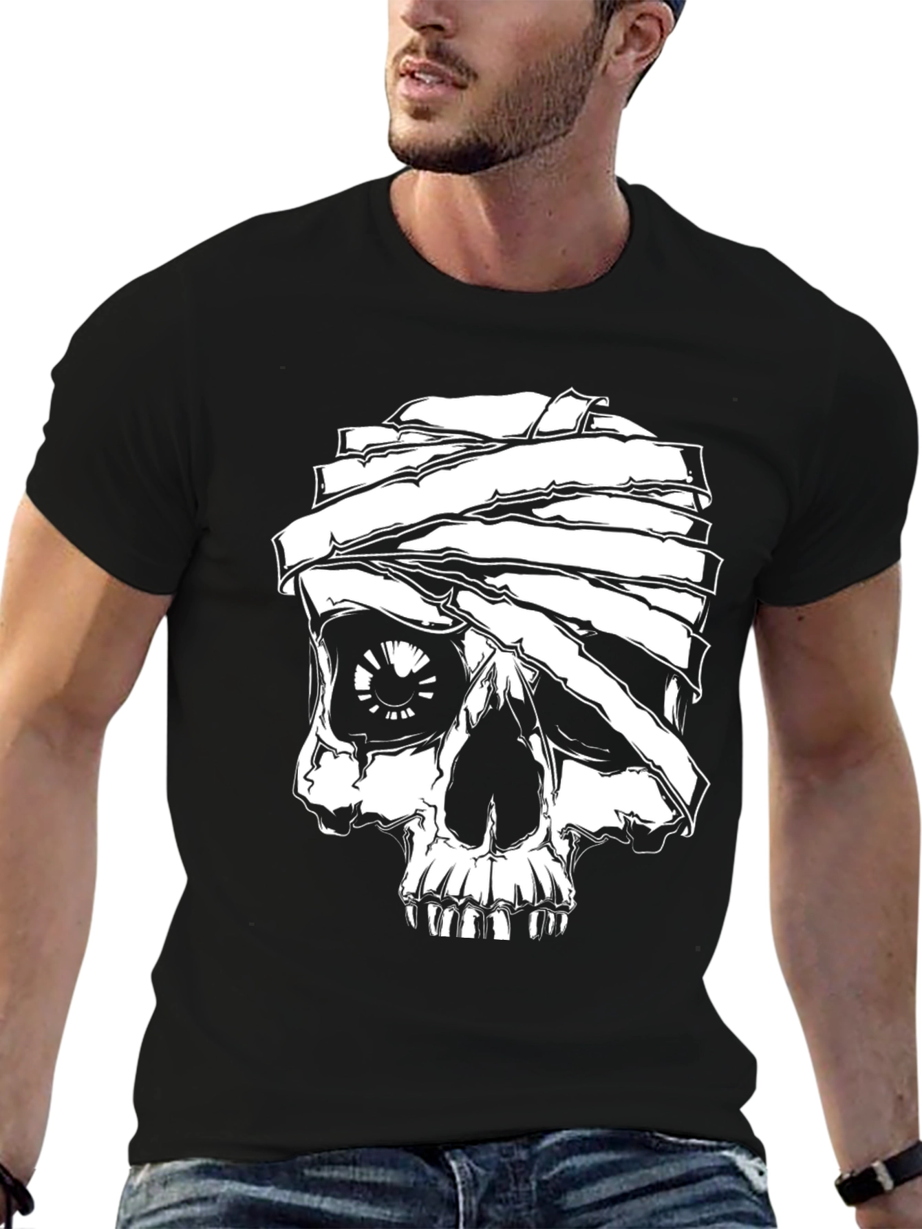 Mummy Skull Graphic Tee - Black Cotton T-Shirt