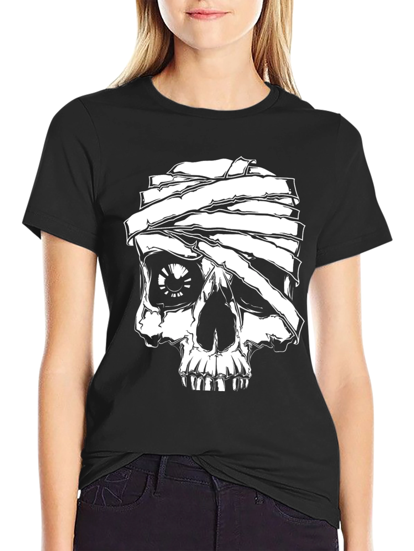Mummy Skull Graphic Tee - Black Cotton T-Shirt