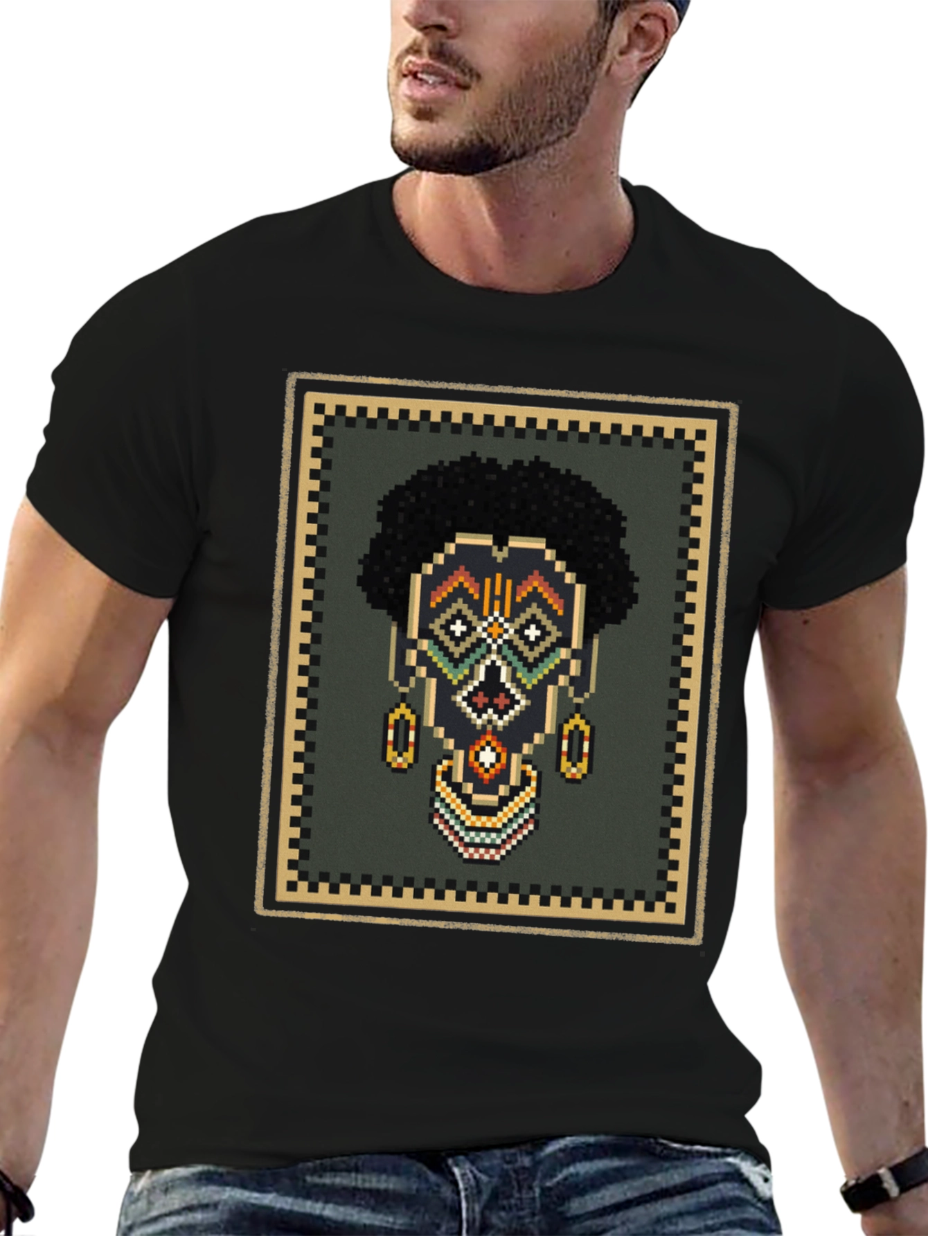 Pixel Art African Mask Graphic T-Shirt