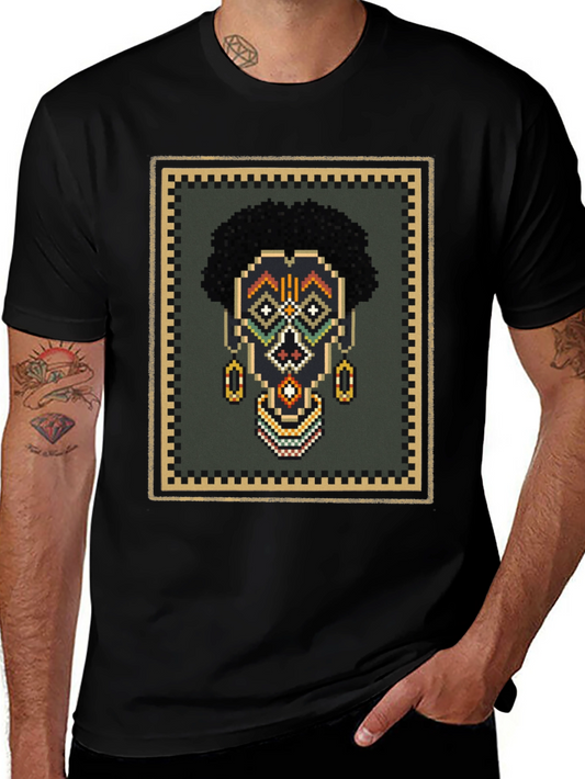 Pixel Art African Mask Graphic T-Shirt