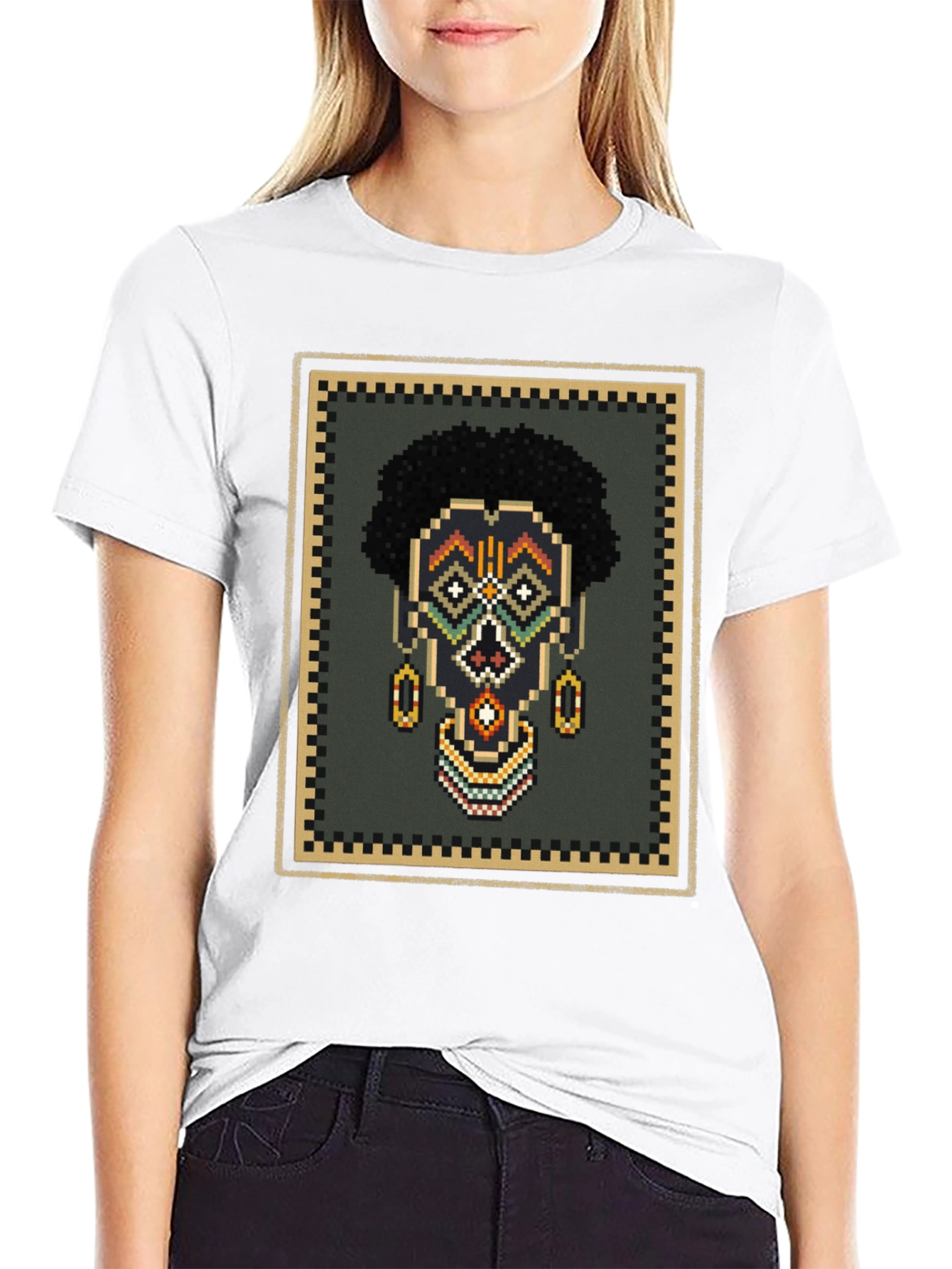 Pixel Art African Mask Graphic T-Shirt