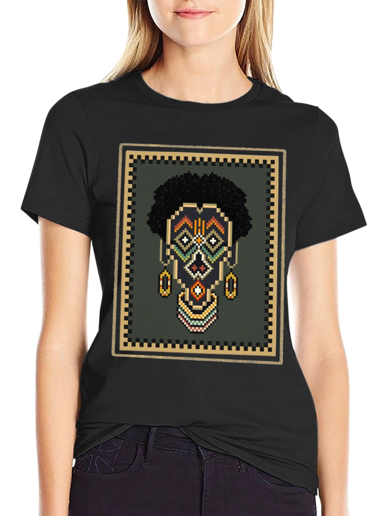 Pixel Art African Mask Graphic T-Shirt