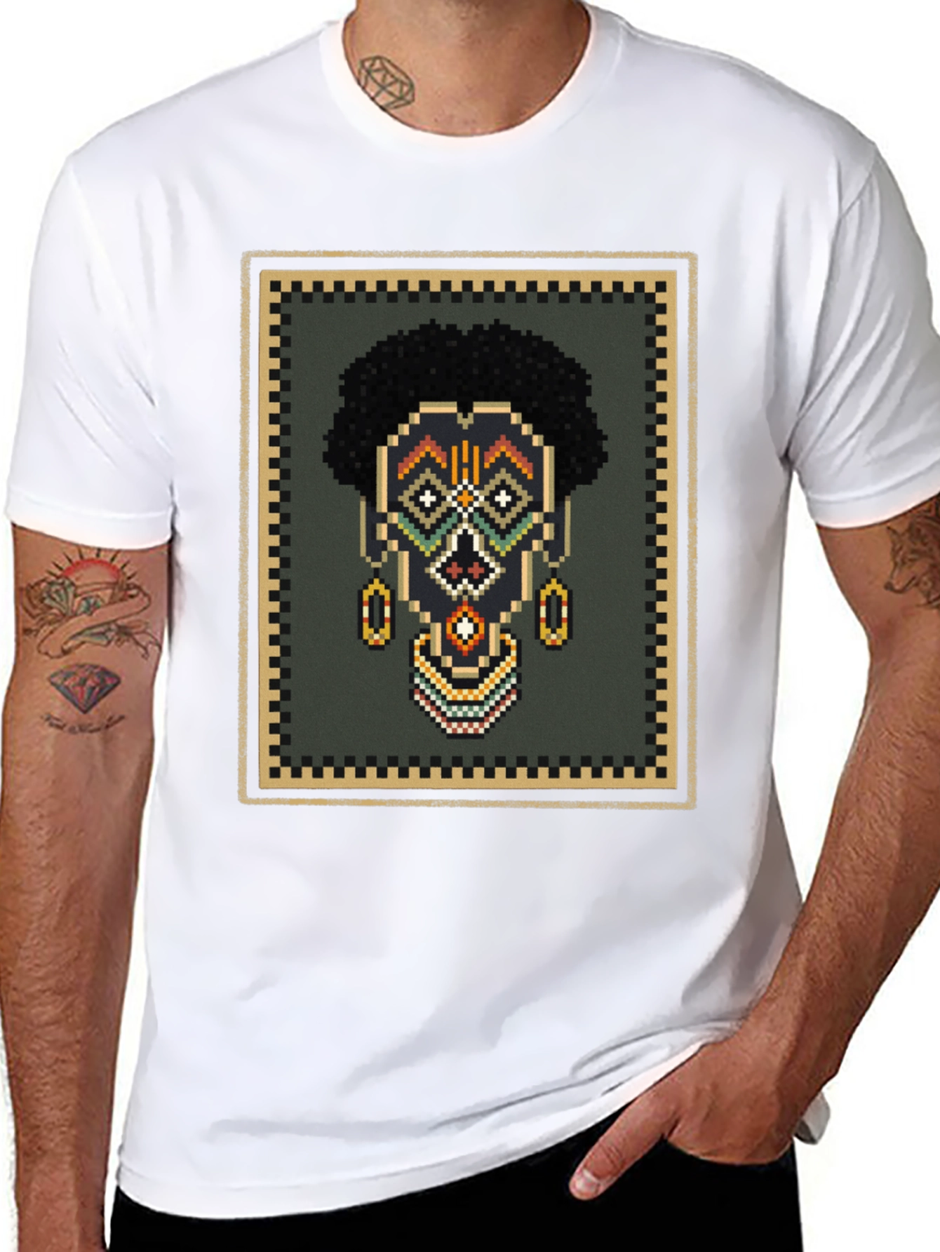 Pixel Art African Mask Graphic T-Shirt