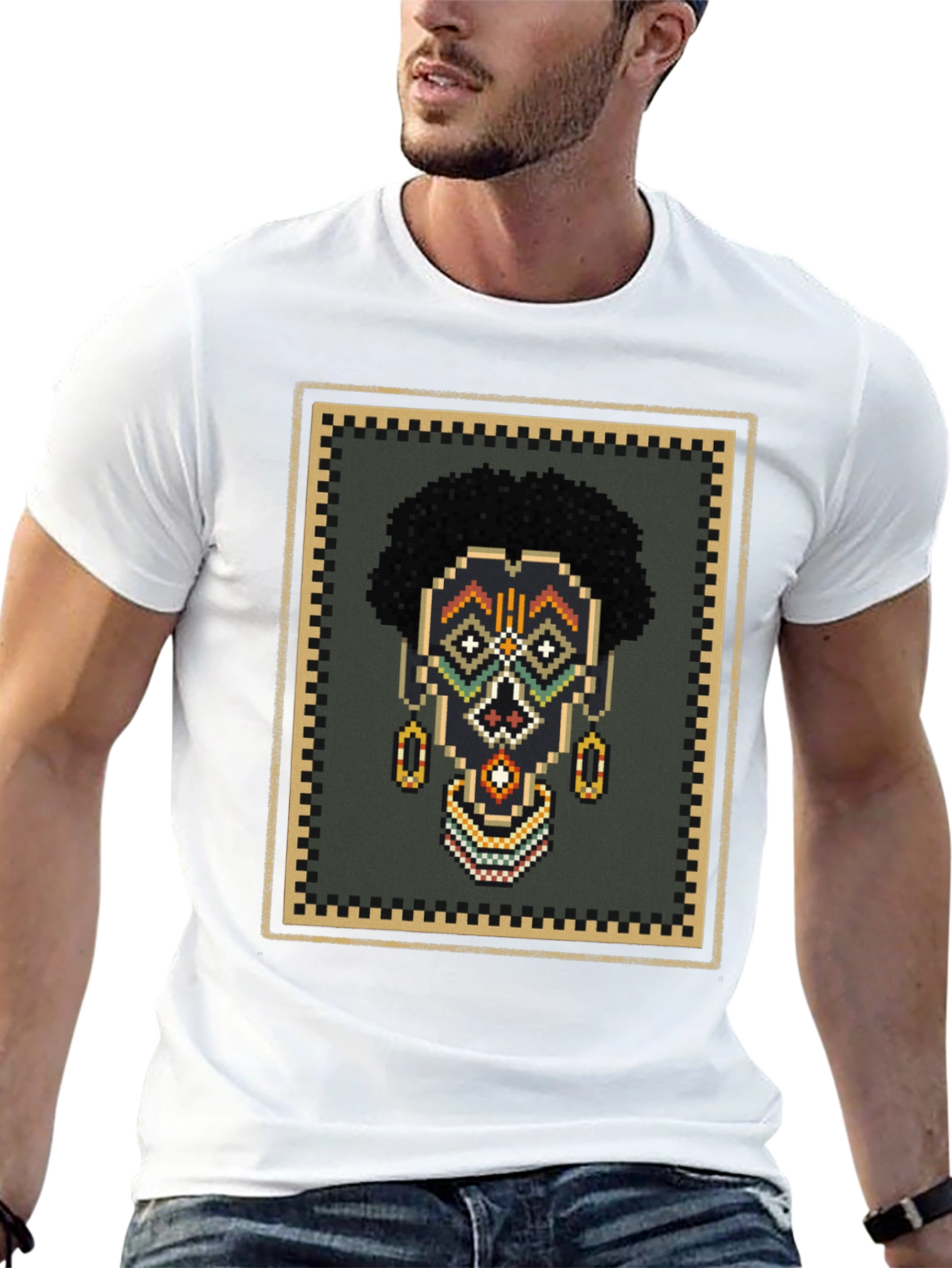 Pixel Art African Mask Graphic T-Shirt