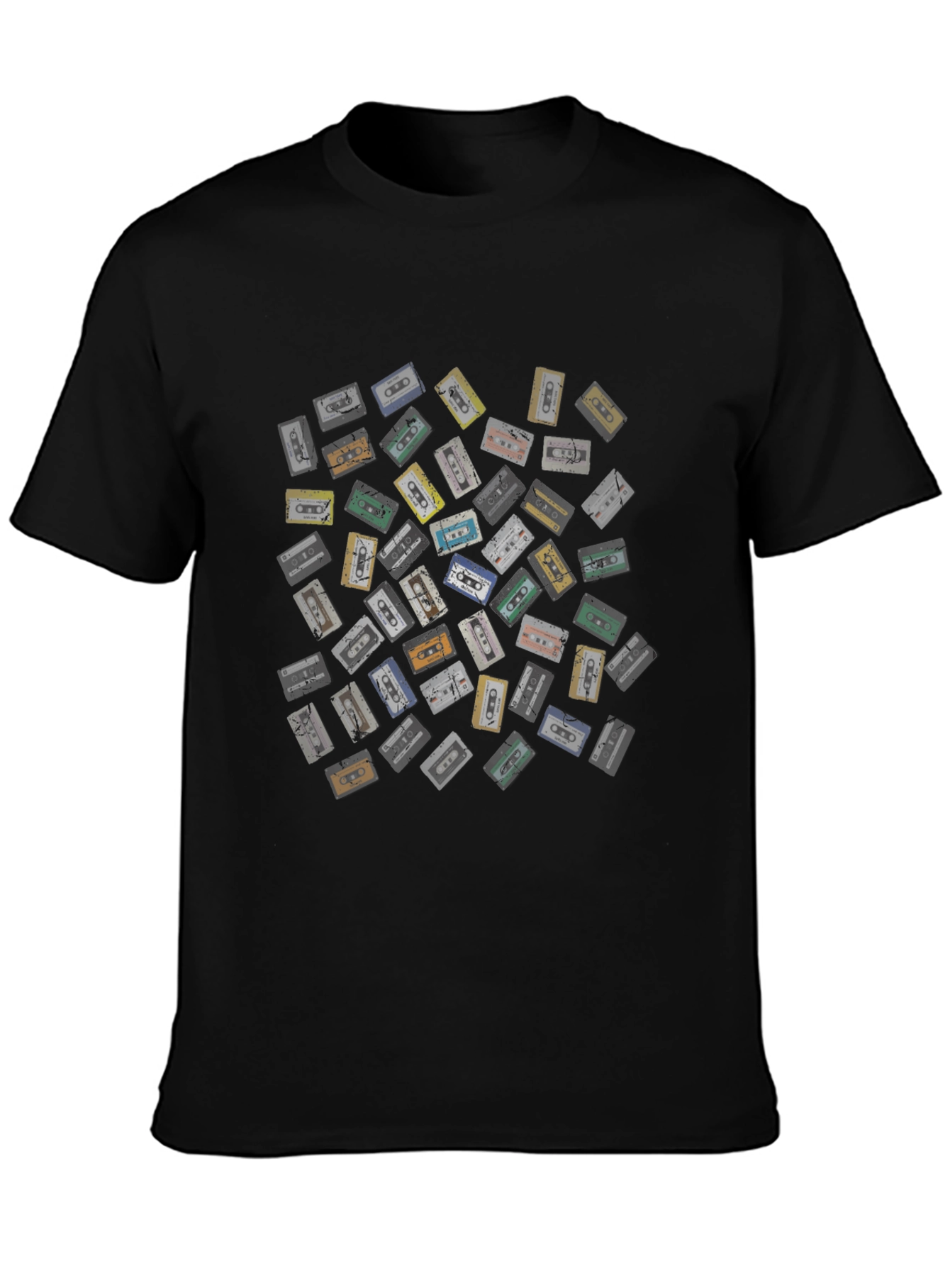 Retro Cassette Tape Pattern Black T-Shirt