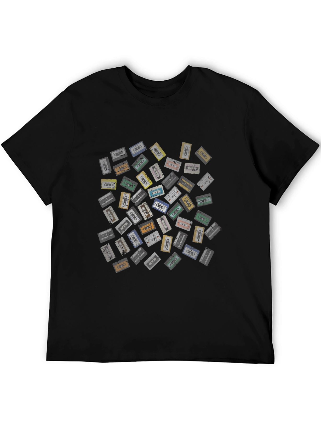 Retro Cassette Tape Pattern Black T-Shirt