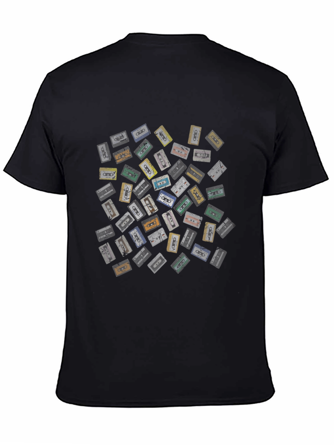 Retro Cassette Tape Pattern Black T-Shirt