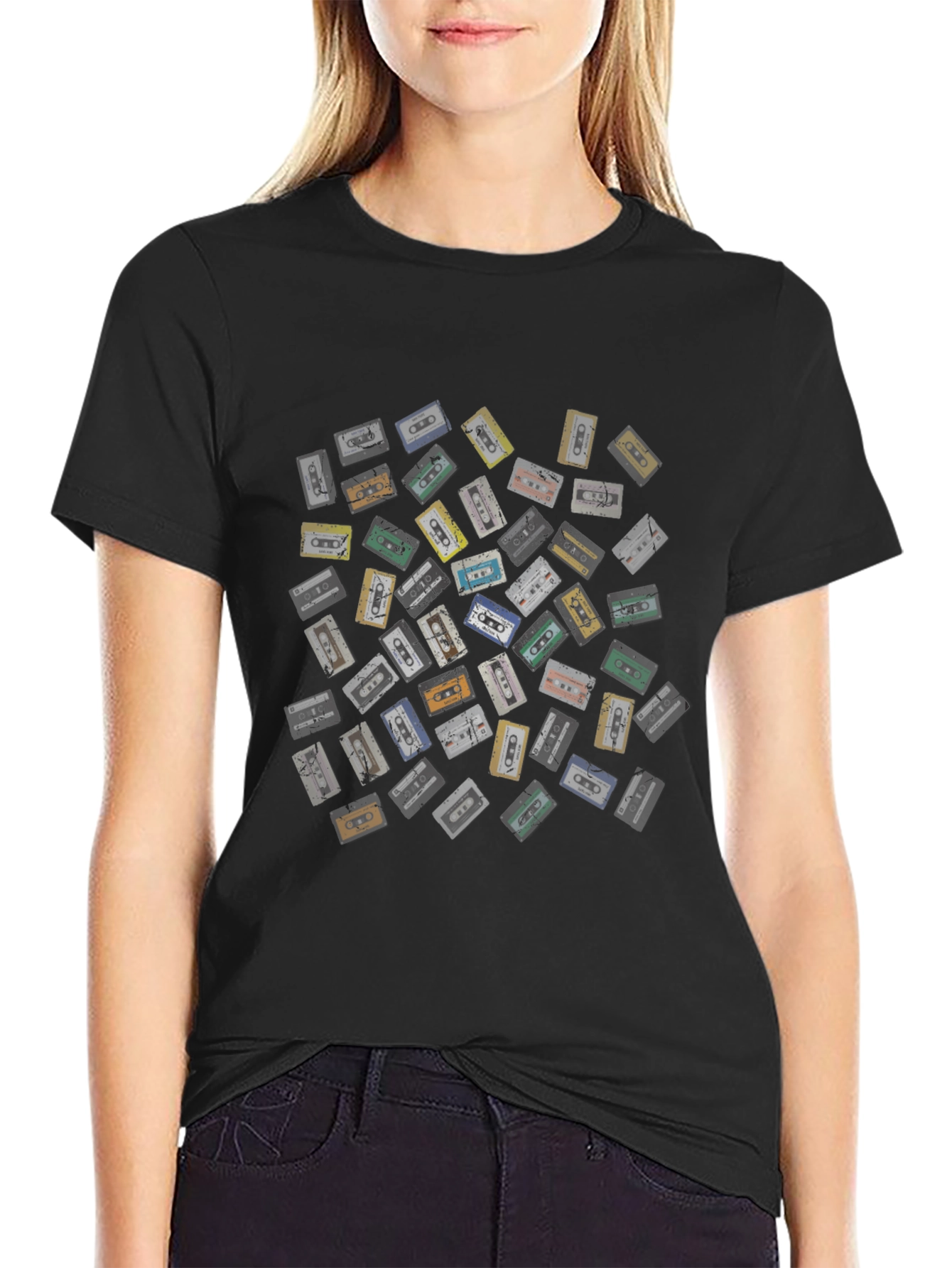 Retro Cassette Tape Pattern Black T-Shirt