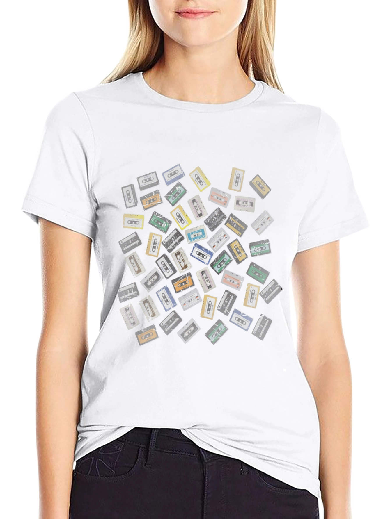 Retro Cassette Tape Pattern Black T-Shirt