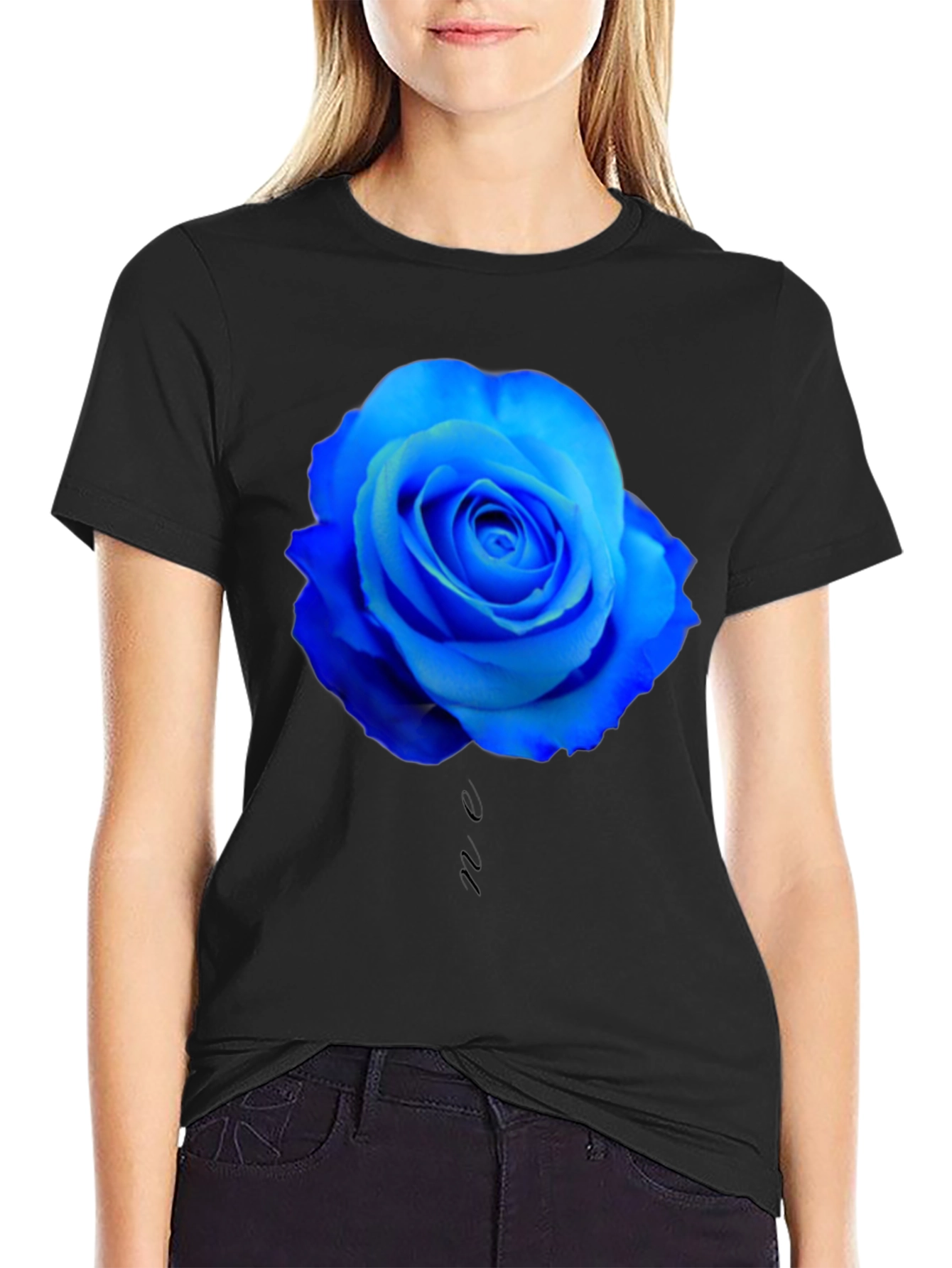 Blue Rose Graphic Black T-Shirt