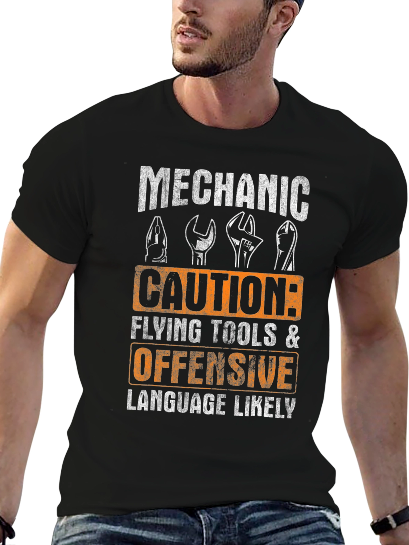 Mechanic Caution T-Shirt - Flying Tools & Offensive Language