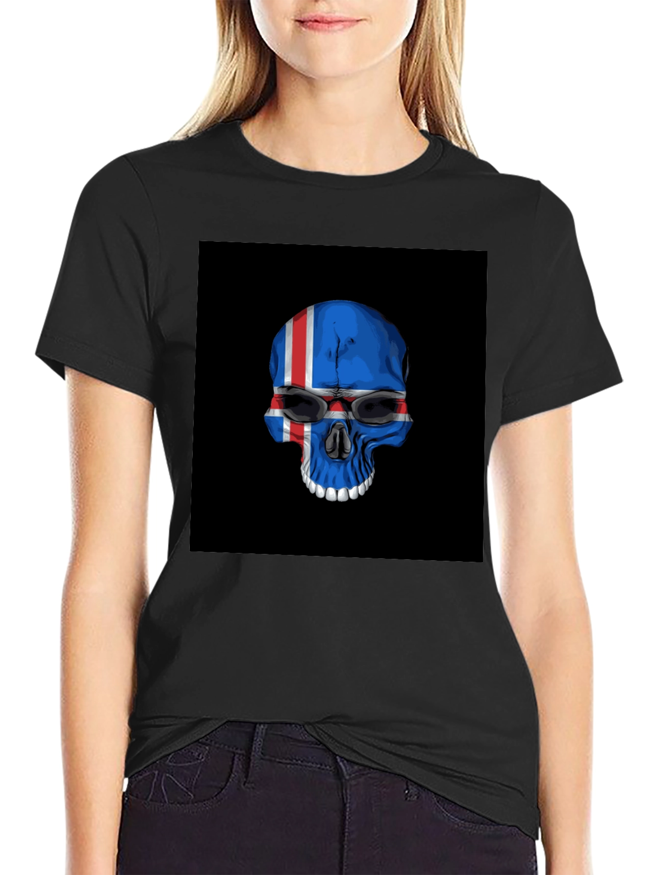 Iceland Flag Skull Graphic Tee - Black T-Shirt