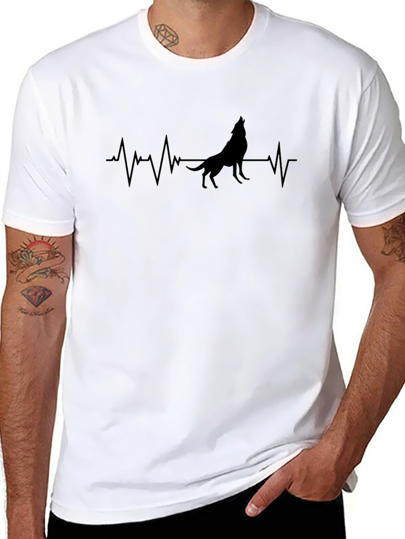 Wolf Heartbeat Graphic Tee - Black Cotton T-Shirt