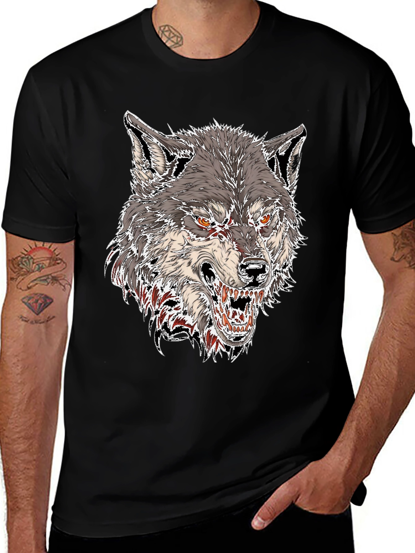Mens Black Graphic Tee - Fierce Wolf Design
