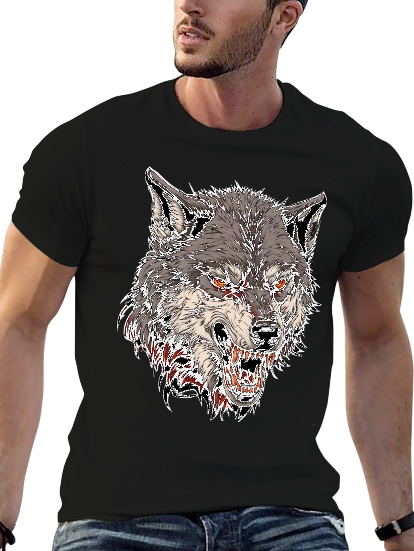 Mens Black Graphic Tee - Fierce Wolf Design