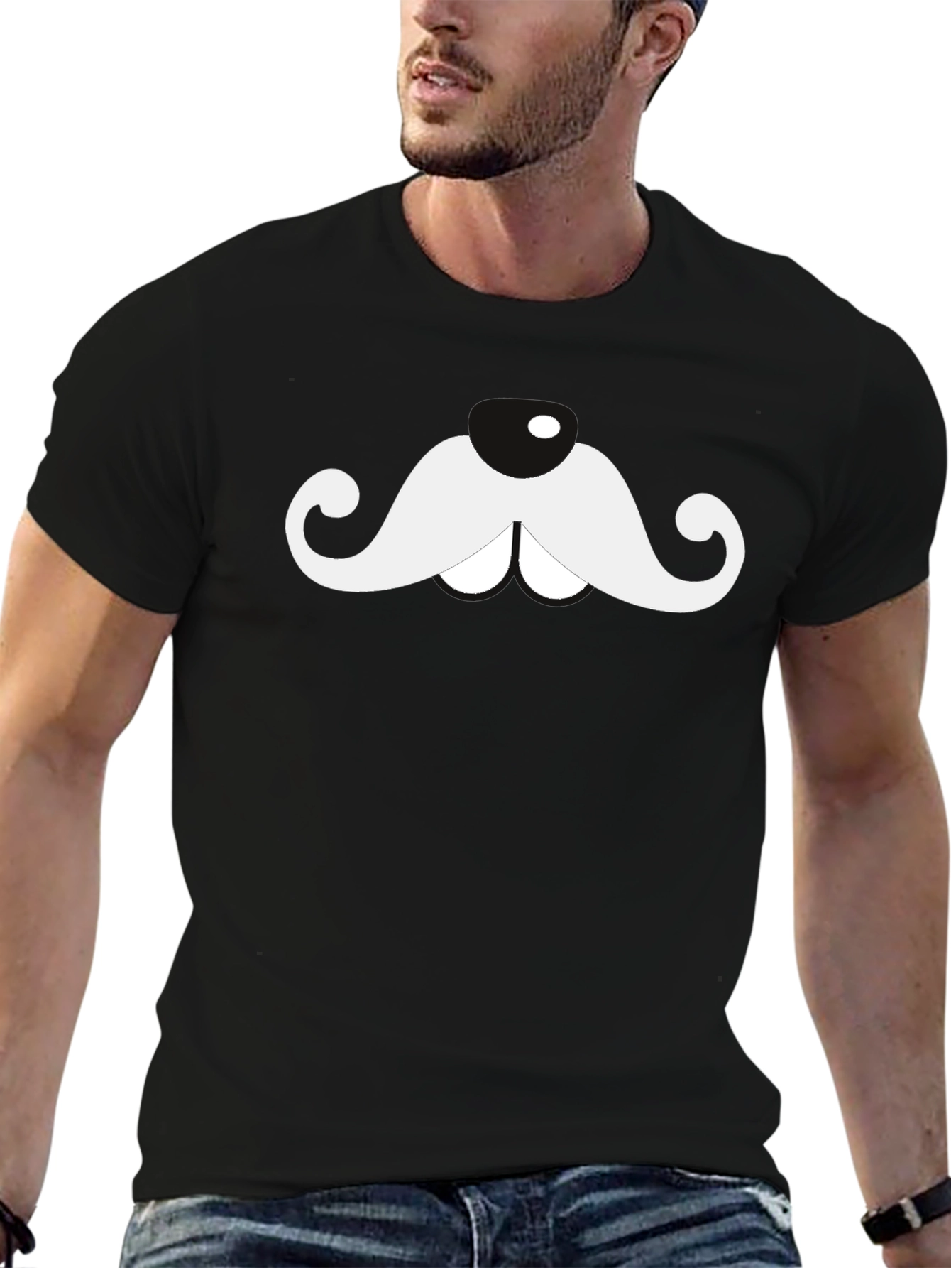 Novelty Moustache Graphic T-Shirt - Black Cotton Blend