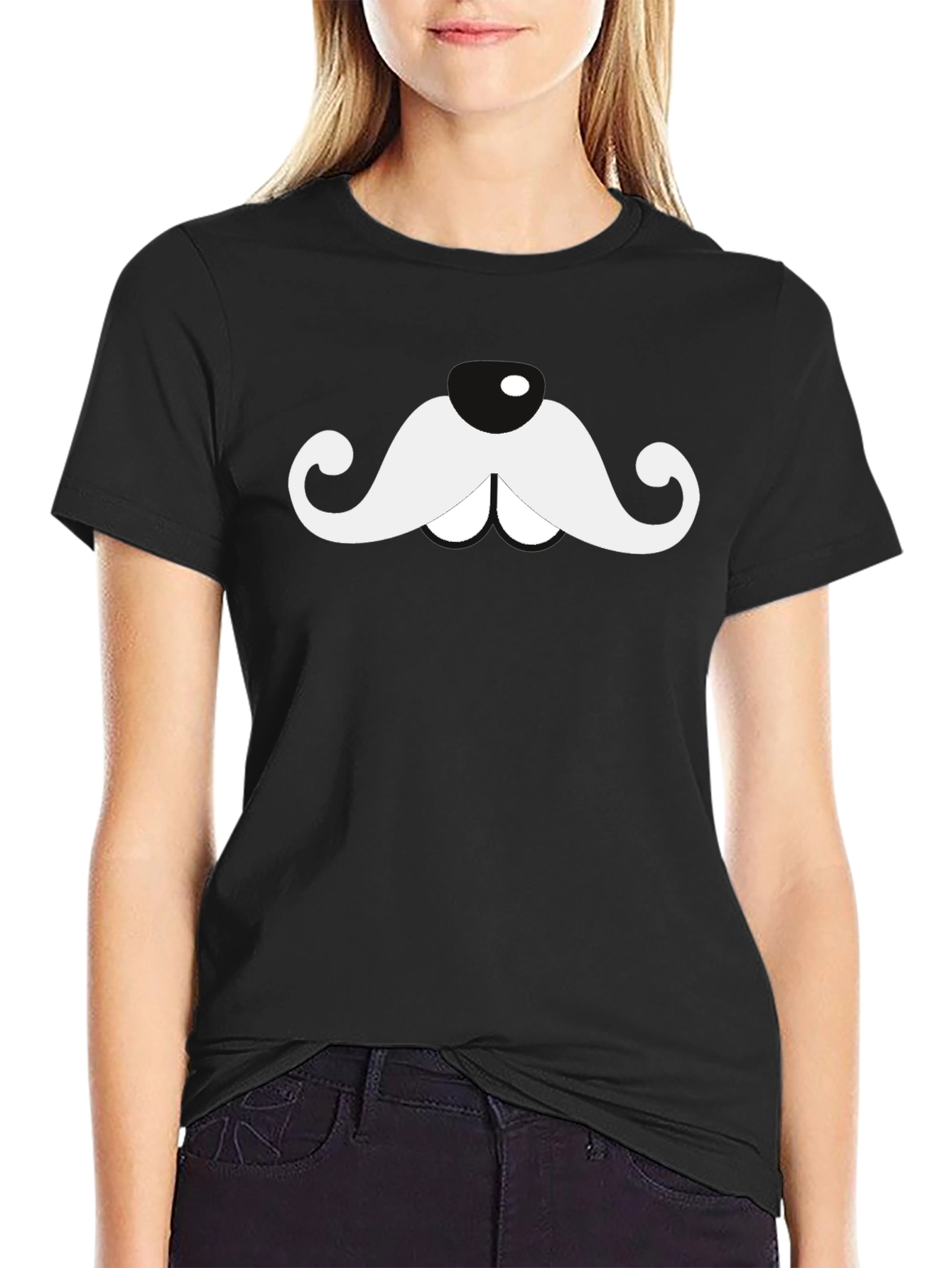 Novelty Moustache Graphic T-Shirt - Black Cotton Blend
