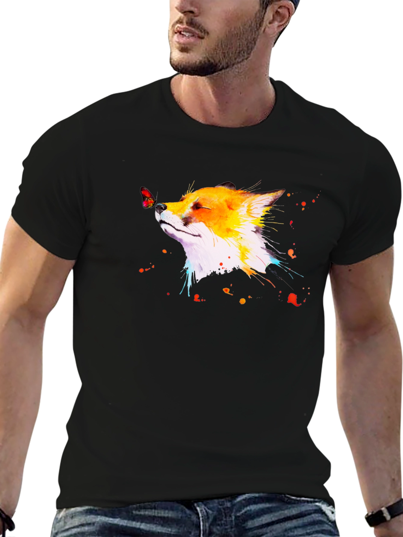 Fox & Butterfly Graphic Black T-Shirt