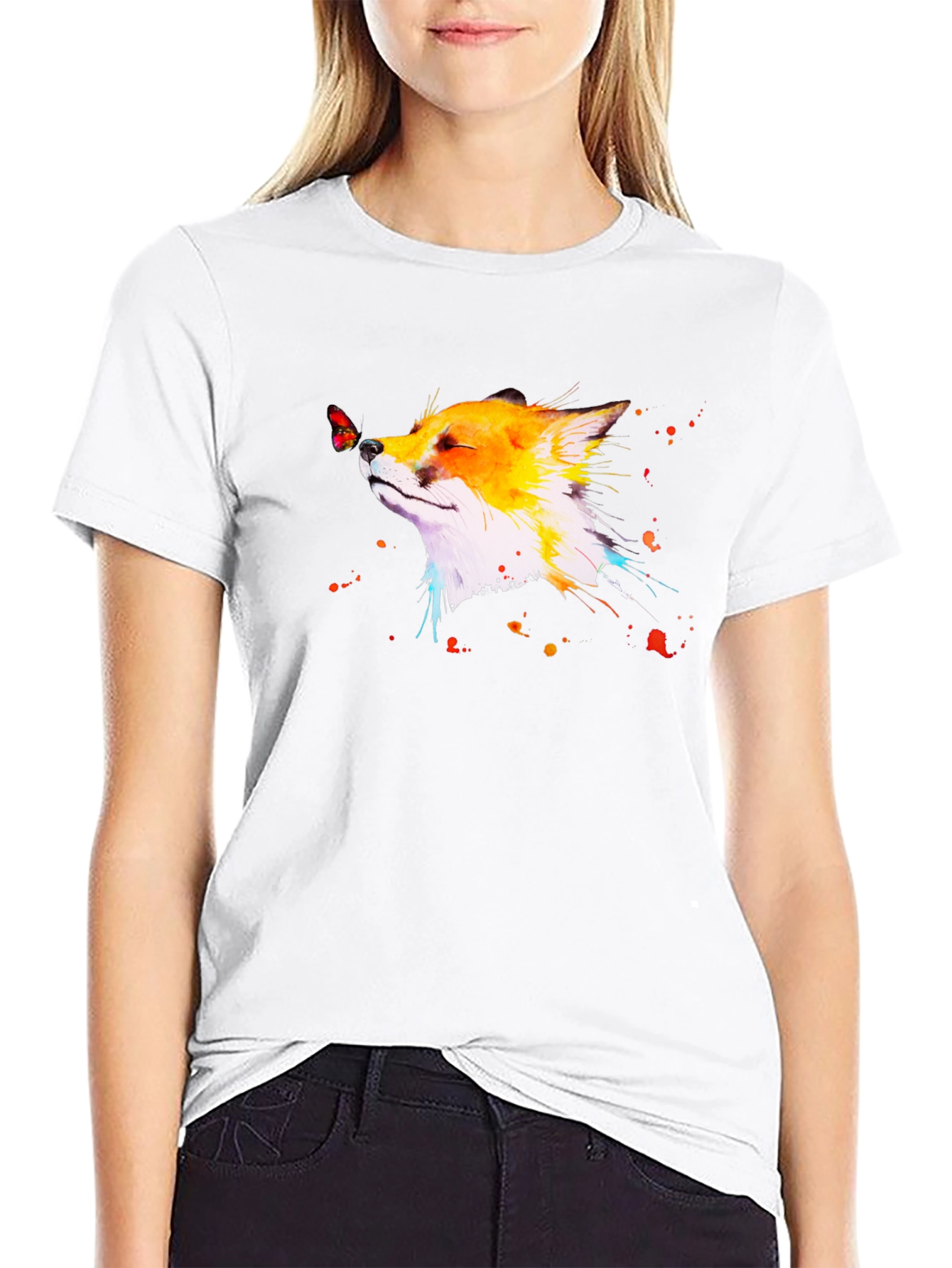 Fox & Butterfly Graphic Black T-Shirt