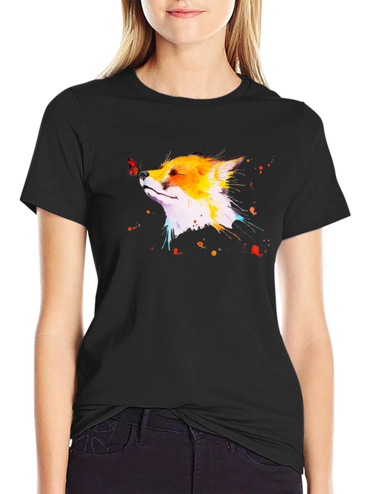 Fox & Butterfly Graphic Black T-Shirt