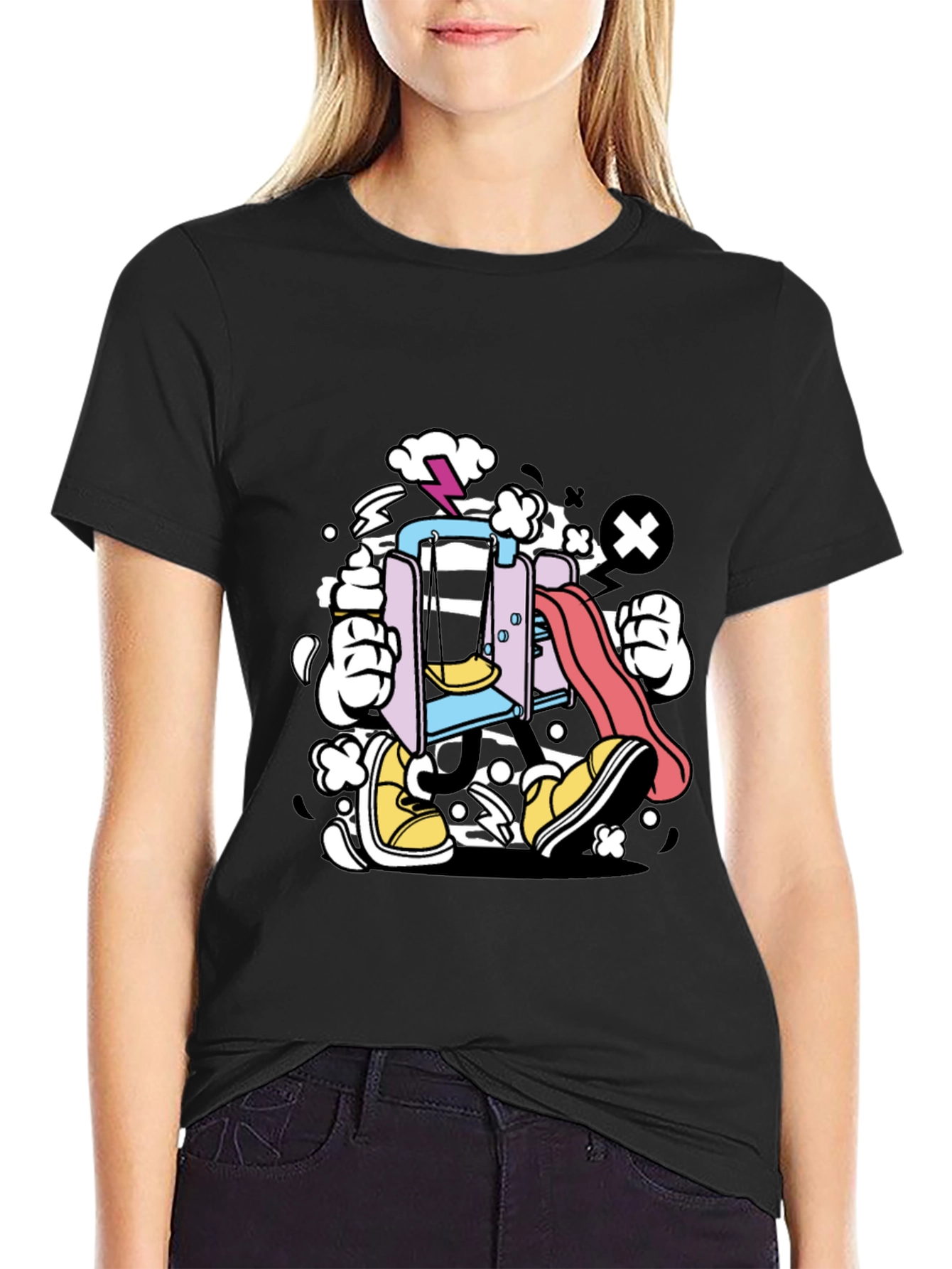 Cartoon Playground T-Shirt - Black Cotton Tee