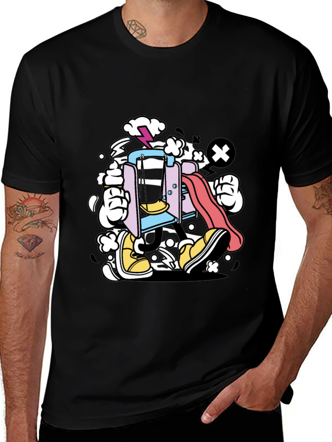 Cartoon Playground T-Shirt - Black Cotton Tee