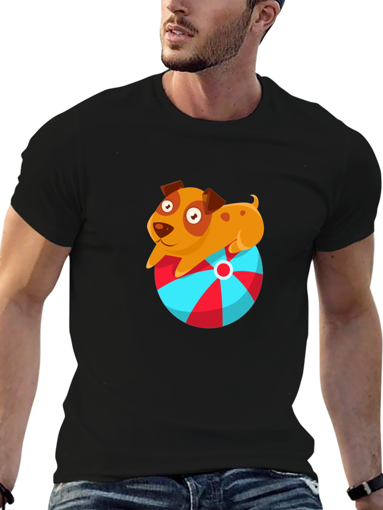 Cute Dog on Ball Graphic T-Shirt - Black