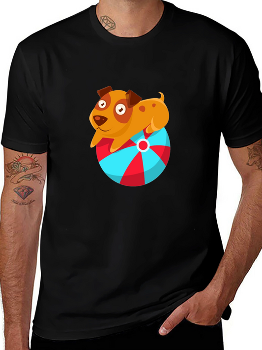 Cute Dog on Ball Graphic T-Shirt - Black