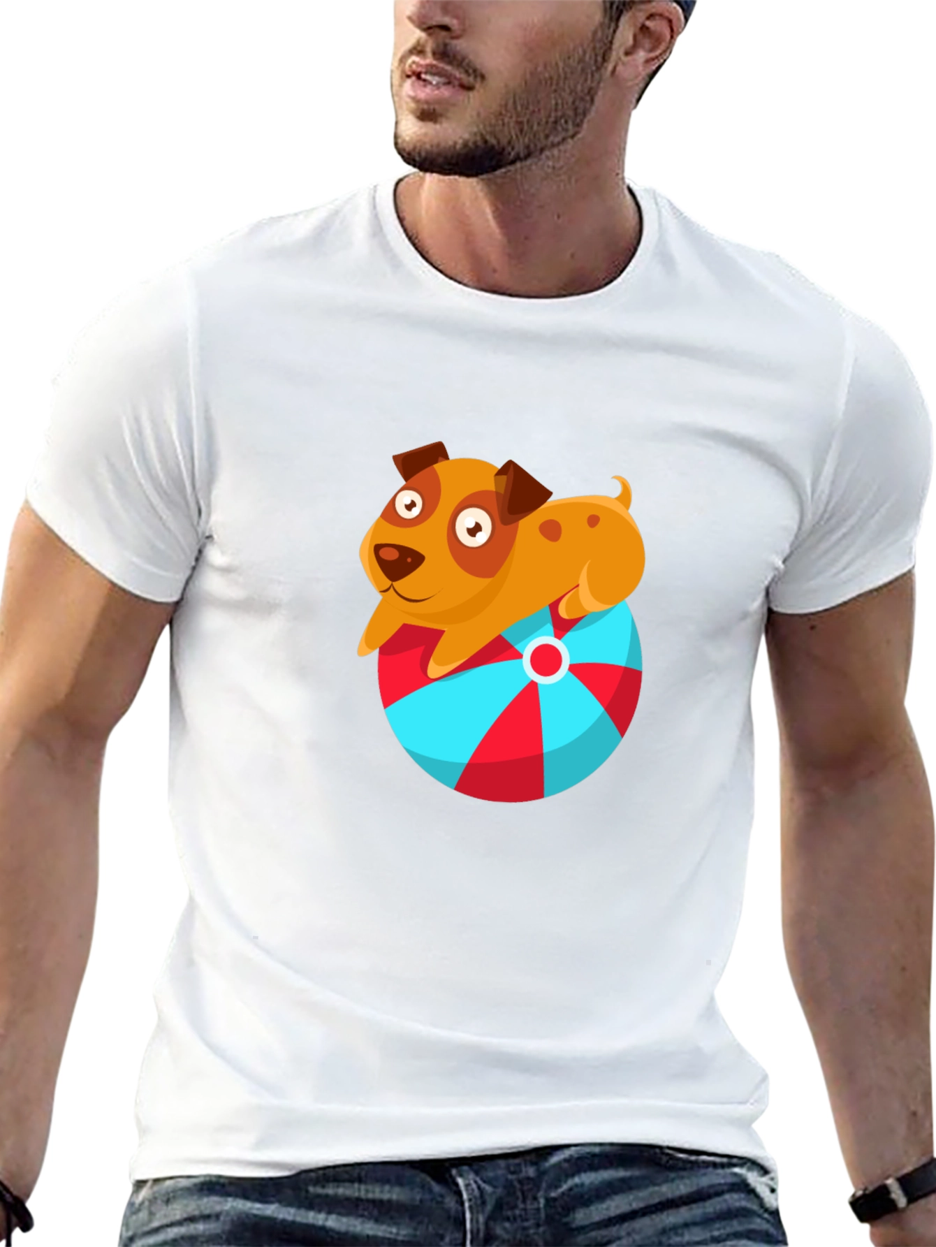 Cute Dog on Ball Graphic T-Shirt - Black