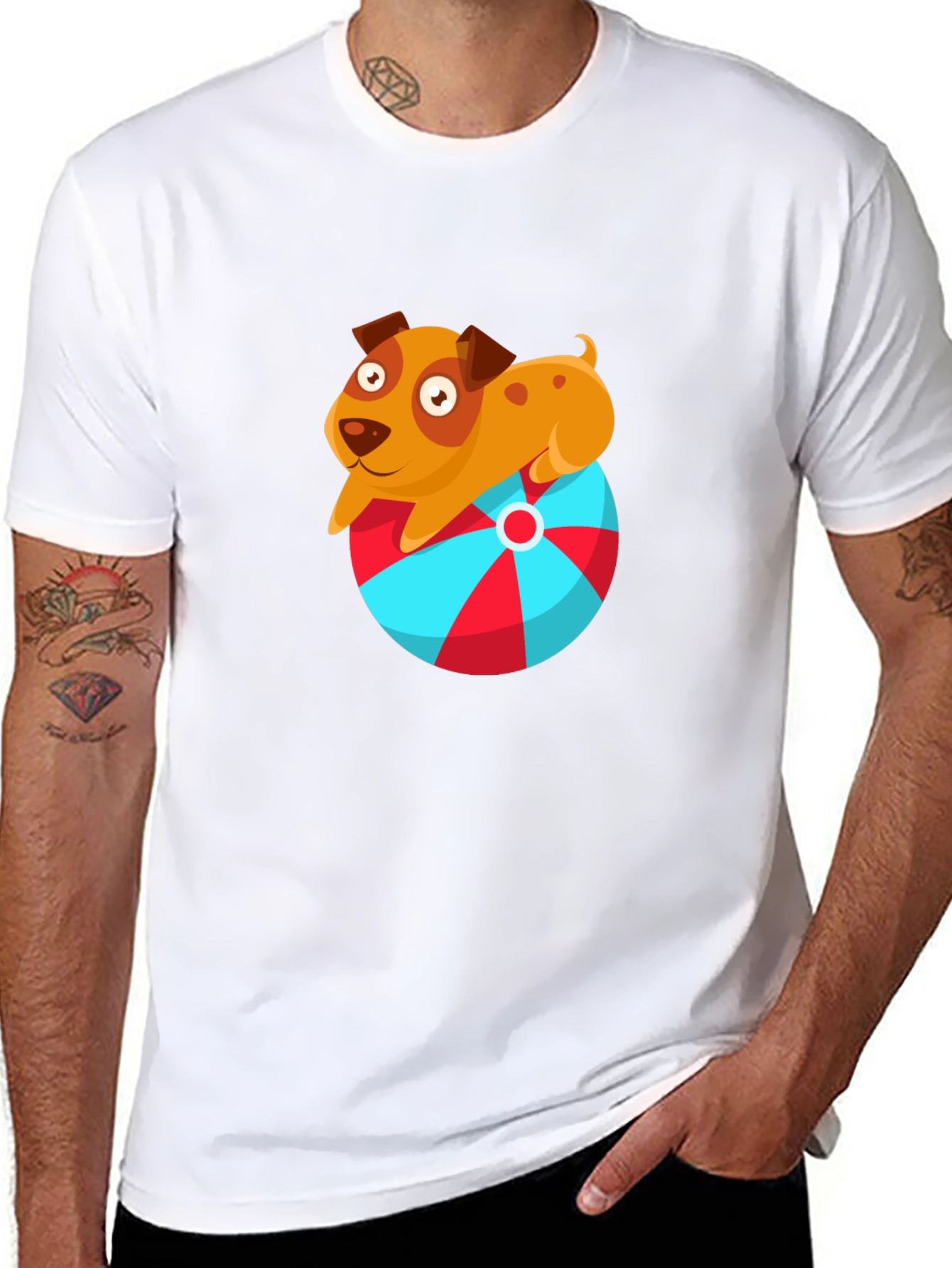 Cute Dog on Ball Graphic T-Shirt - Black
