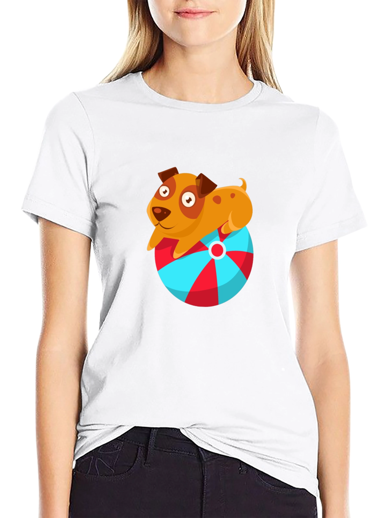 Cute Dog on Ball Graphic T-Shirt - Black