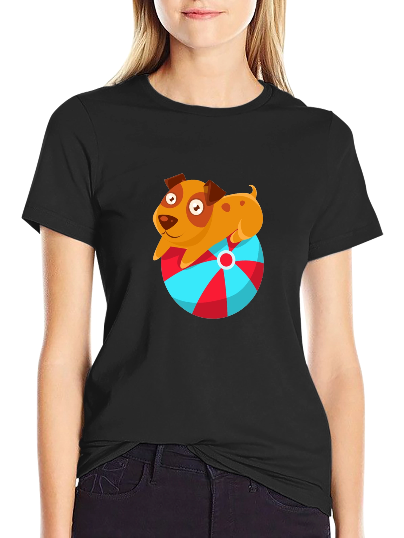 Cute Dog on Ball Graphic T-Shirt - Black