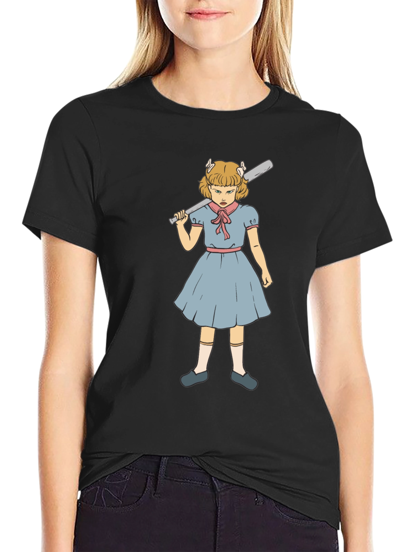 T-Shirt with Angry Girl Baseball Bat Graphic