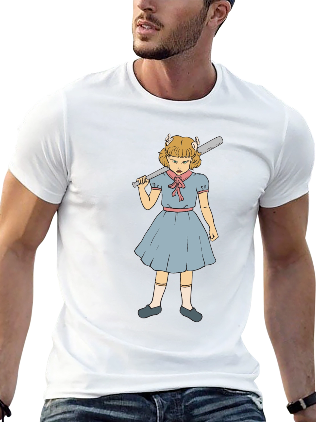 T-Shirt with Angry Girl Baseball Bat Graphic
