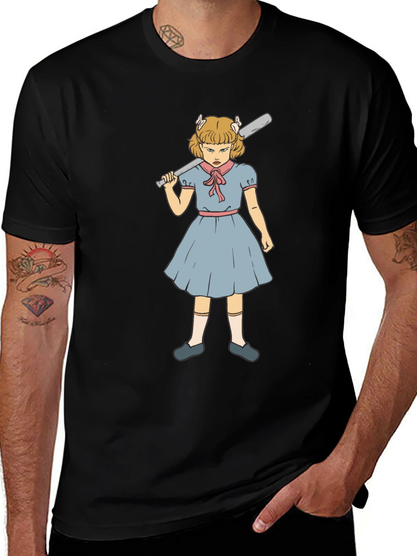 T-Shirt with Angry Girl Baseball Bat Graphic