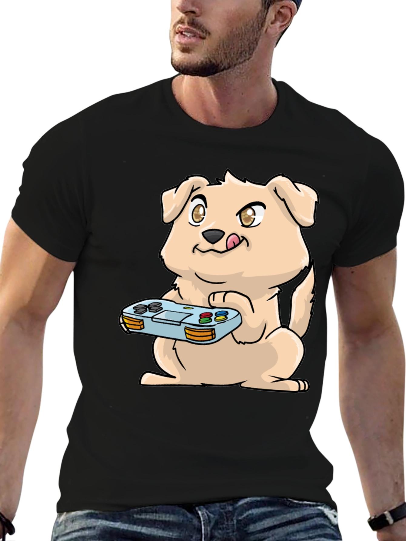 Gamer Dog Graphic Tee - Black Casual T-Shirt