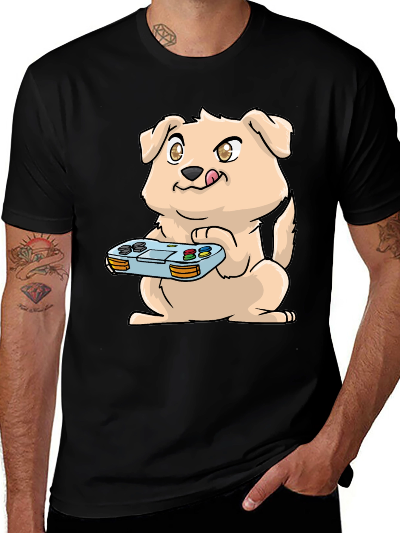 Gamer Dog Graphic Tee - Black Casual T-Shirt