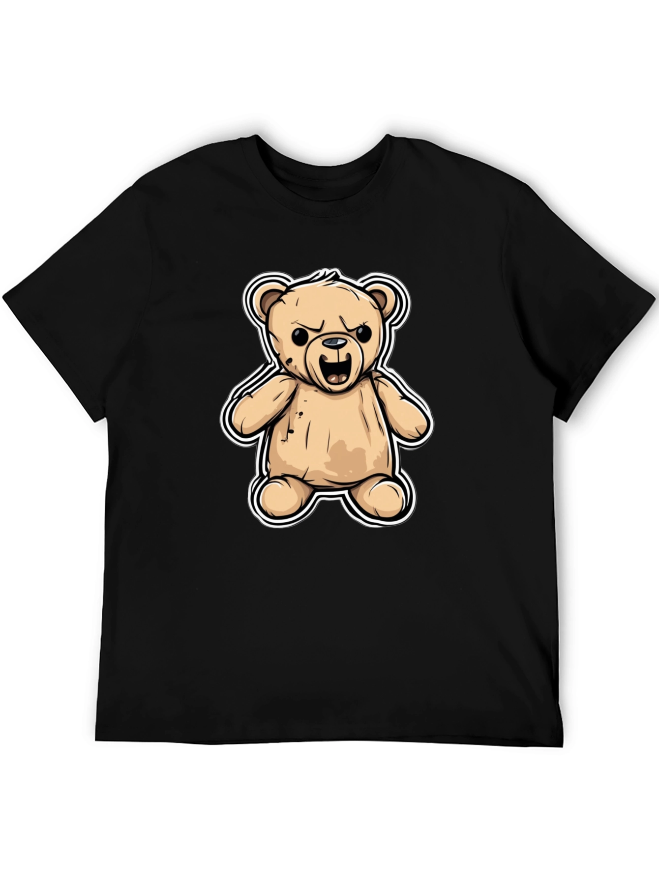 Mens Black T-Shirt with Cartoon Angry Teddy Bear Design
